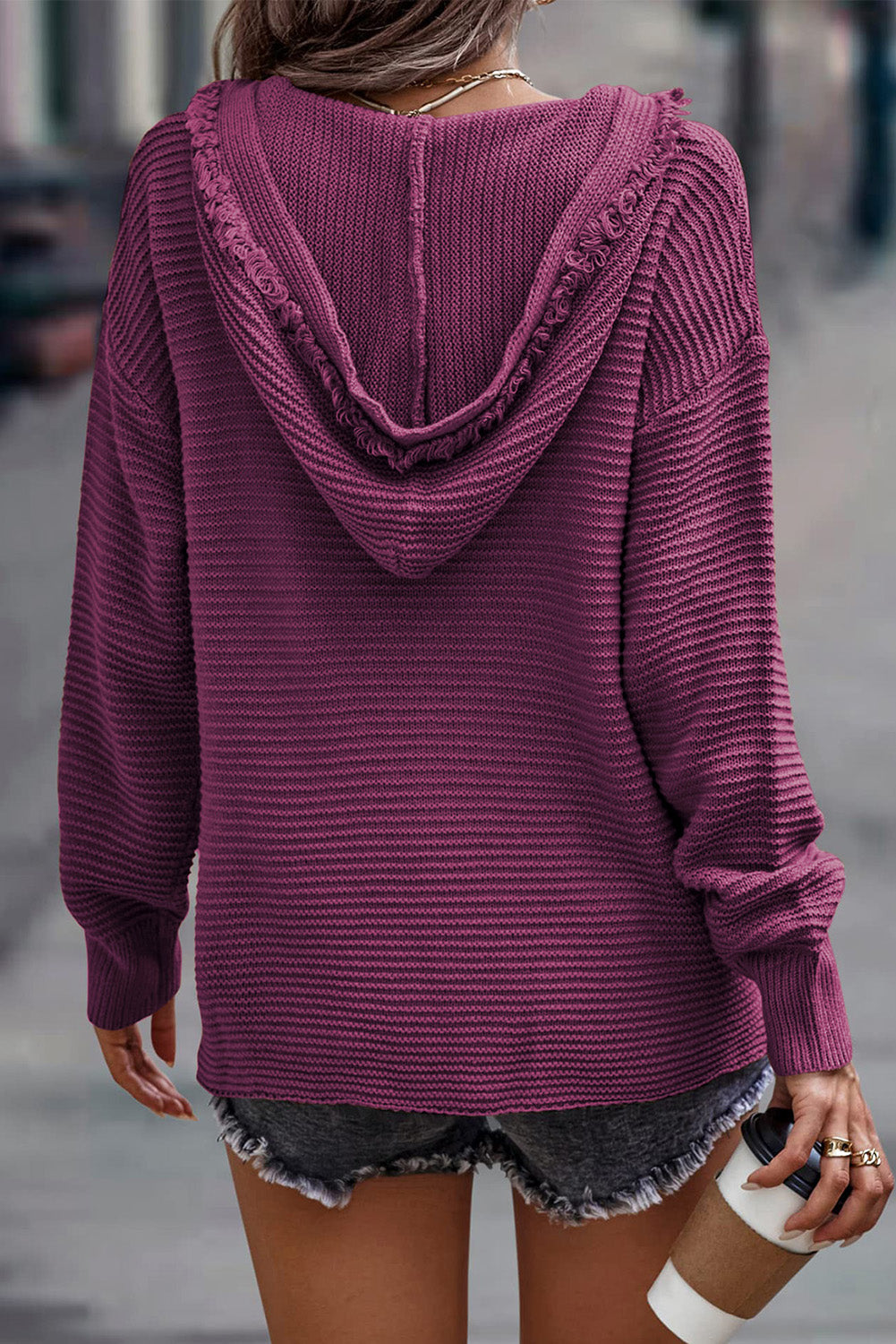 Threaded Pear Collins V Neck Ribbed Drop Shoulder Hooded Sweater