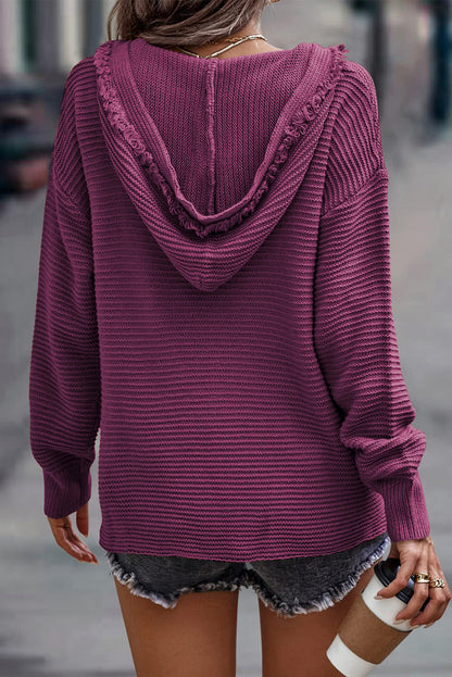 Threaded Pear Collins V Neck Ribbed Drop Shoulder Hooded Sweater