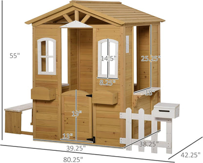 Outdoor Playhouse for Kids Wooden Cottage with Working Doors Windows & Mailbox, Pretend Play House for Age 3-6 Years