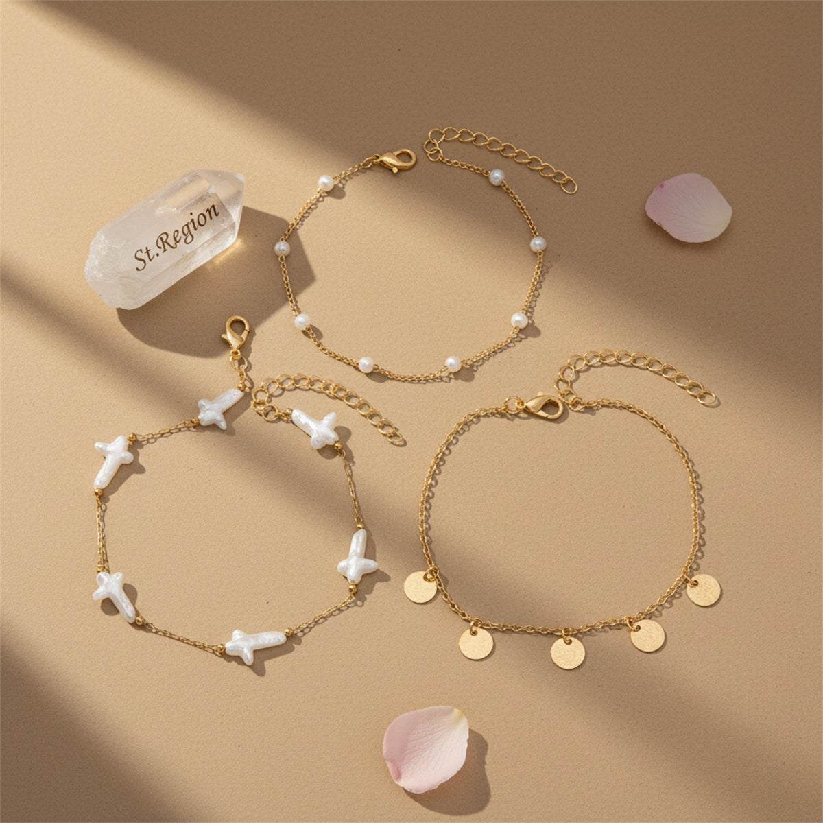 Cross Shape Pearl & Goldtone Sequin Tassel Anklet Set