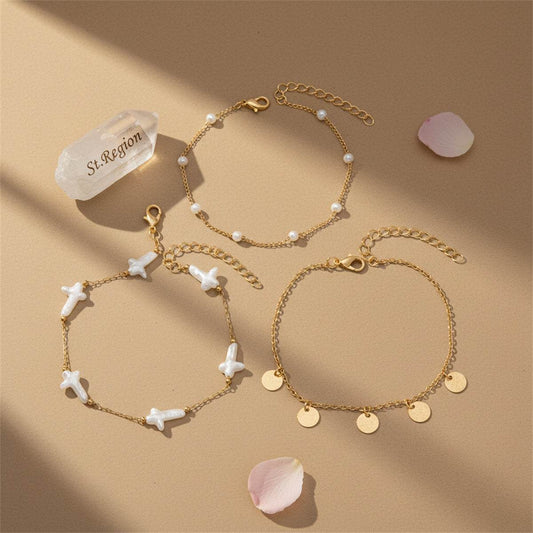 Cross Shape Pearl & Goldtone Sequin Tassel Anklet Set