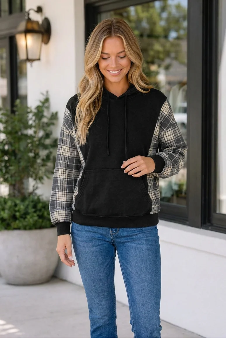 Threaded Pear Cynthiah Sleeve Drawstring Hooded Sweatshirt