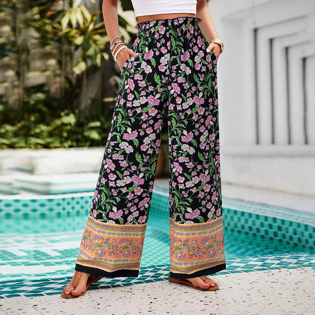 Women's Spring/Summer Elegance Casual Print Tie Up Pants