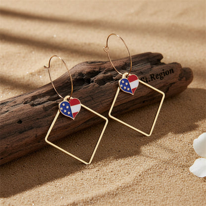 Goldtone American Flag Heart Hollow Drop Earrings