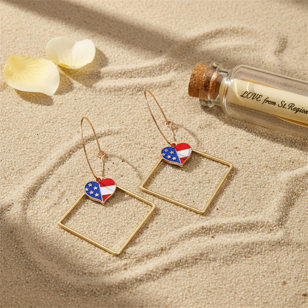 Goldtone American Flag Heart Hollow Drop Earrings