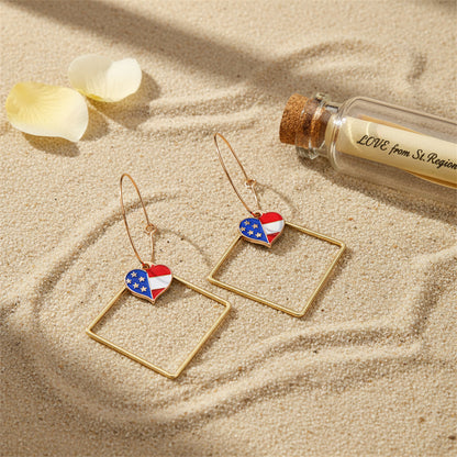 Goldtone American Flag Heart Hollow Drop Earrings