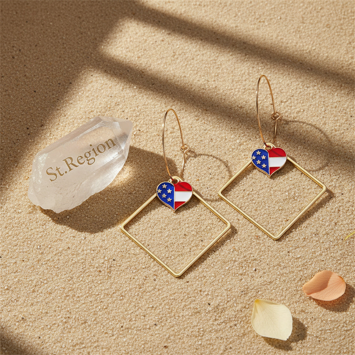 Goldtone American Flag Heart Hollow Drop Earrings