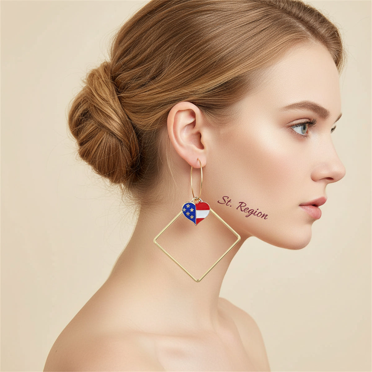 Goldtone American Flag Heart Hollow Drop Earrings