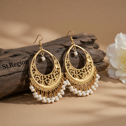 White Turquoise & Goldtone Openwork Filigree Drop Earrings