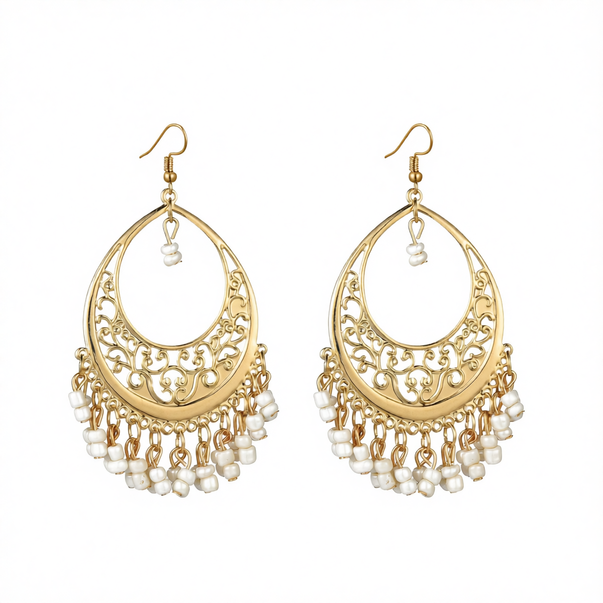 White Turquoise & Goldtone Openwork Filigree Drop Earrings