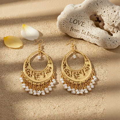 White Turquoise & Goldtone Openwork Filigree Drop Earrings
