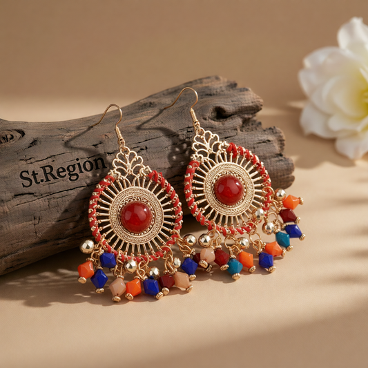 Multicolor Acrylic & Enamel Goldtone Openwork Round Drop Earrings
