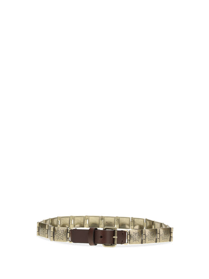 Belt Engraved Metal & Brown Leather