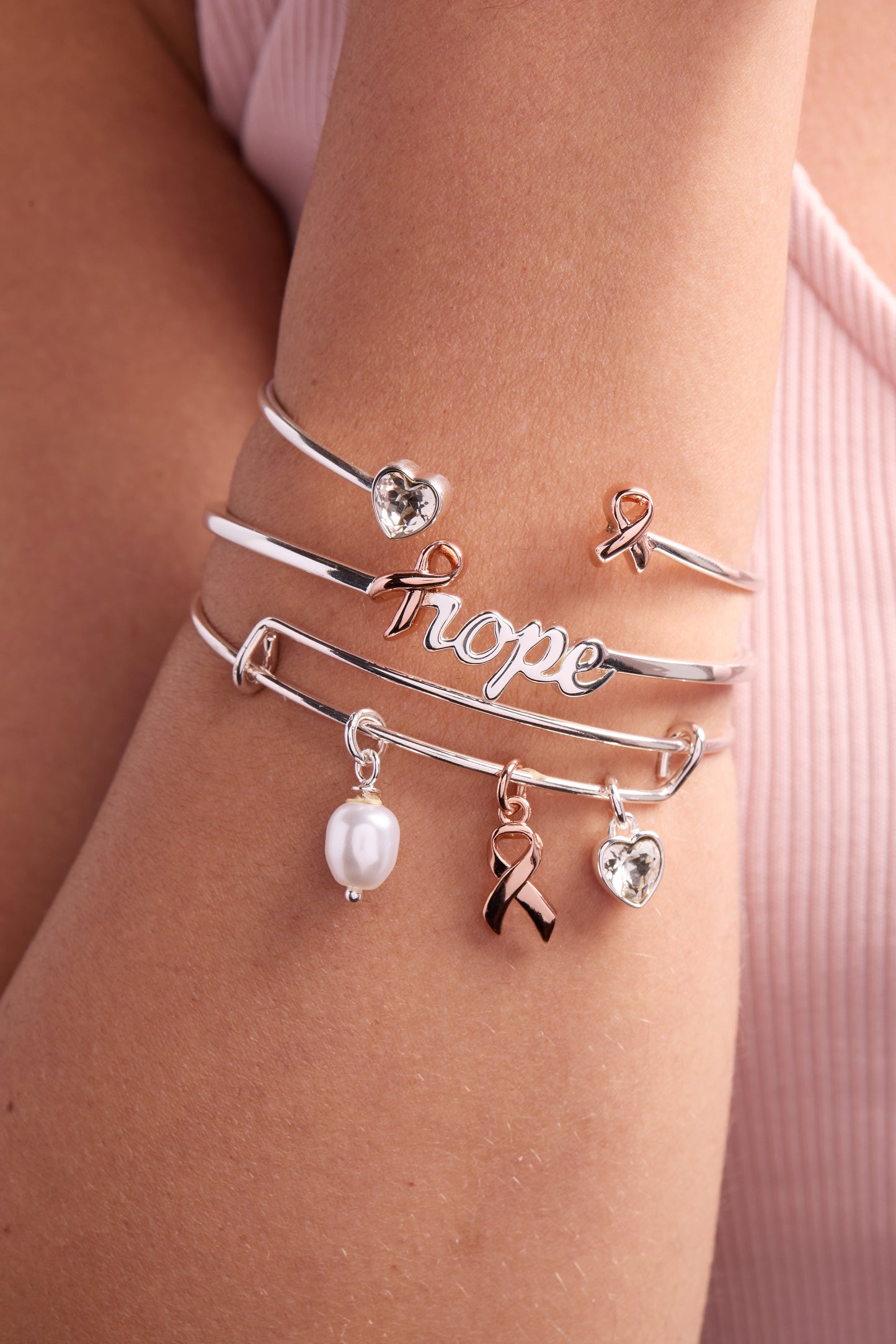 Breast Cancer Awareness Pink Ribbon Trio Charm Bangle
