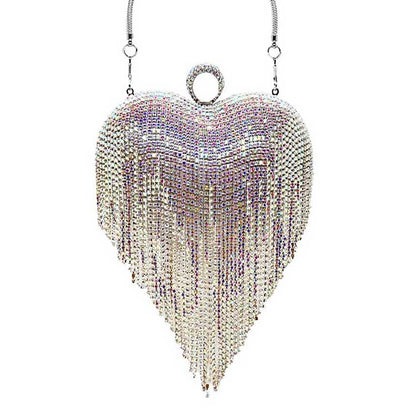 Rhinestone Fringe Heart Evening Tote Clutch Crossbody Bag