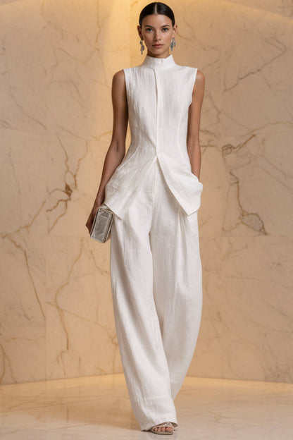 Women's Stand Collar Longline Vest Top & Wide-Leg Trousers Two-Piece Set