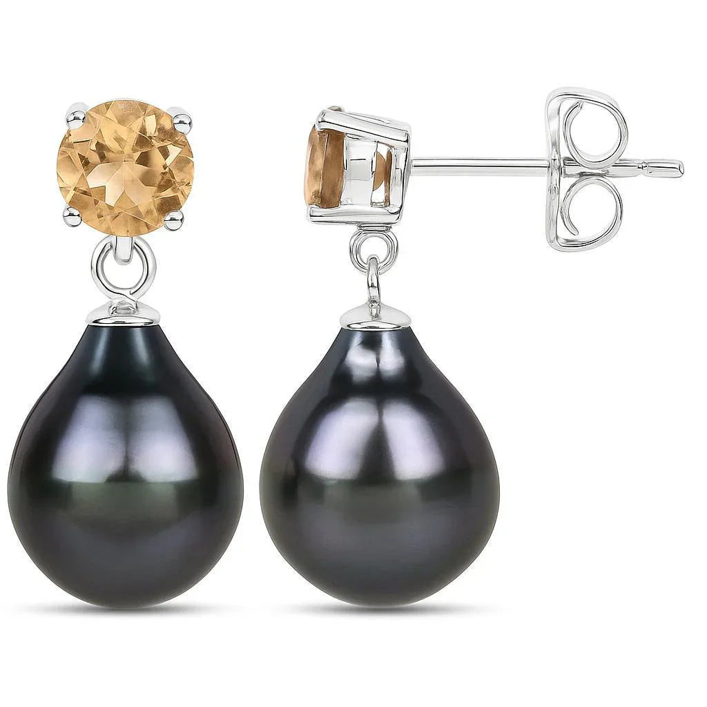 Pear Black Tahitian Pearl Prong Rhodium Plated Silver Teardrop Dangle Earrings