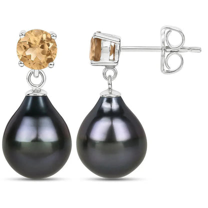 Pear Black Tahitian Pearl Prong Rhodium Plated Silver Teardrop Dangle Earrings