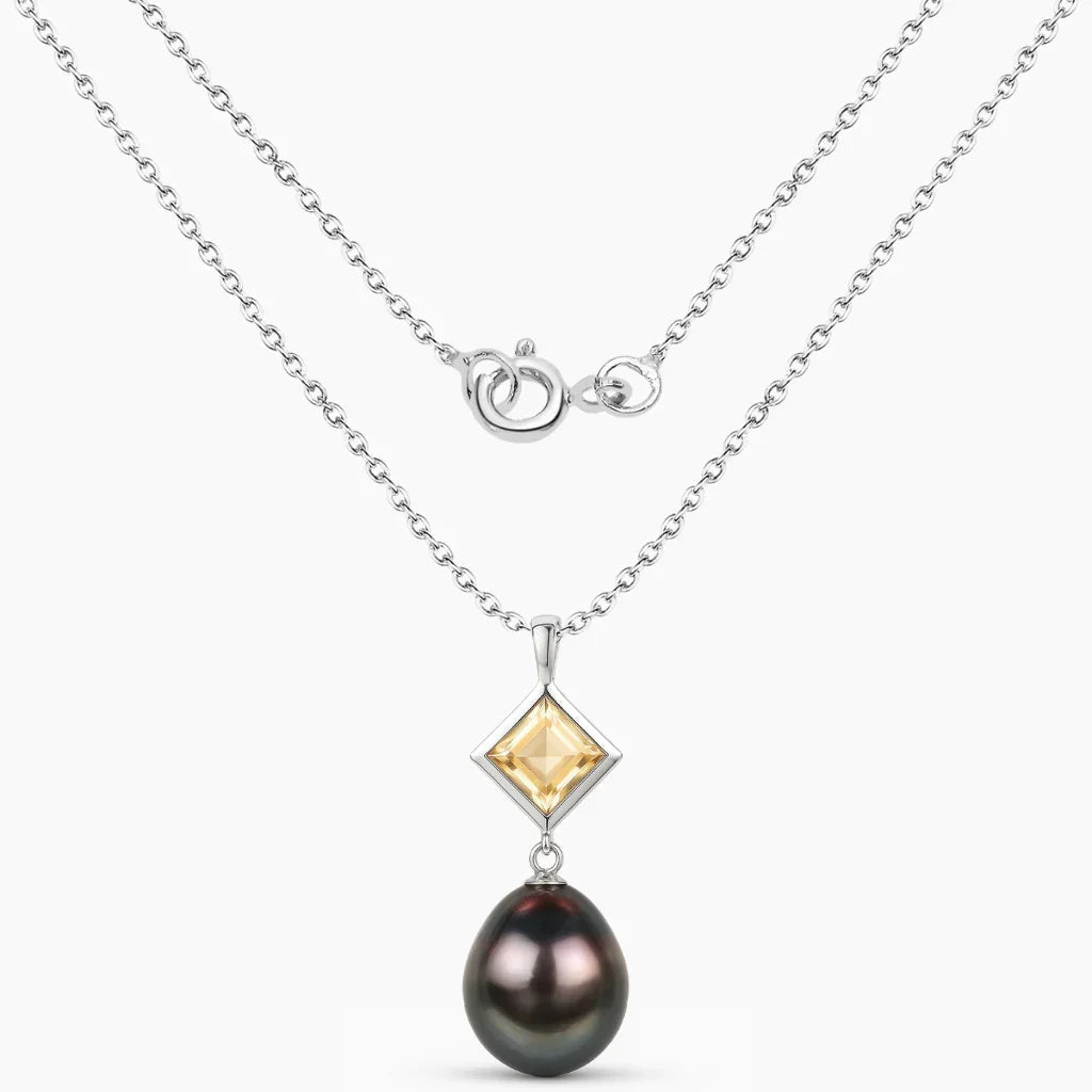 1.65 Ct Square Yellow Citrine Tahitian Pearl Bezel Silver Teardrop Pendant Necklace