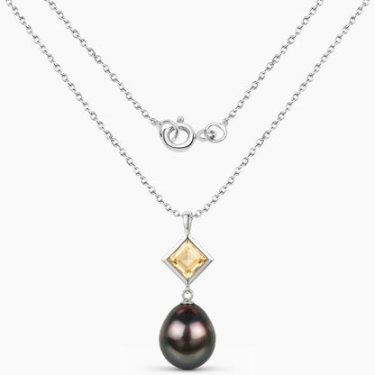 1.65 Ct Square Yellow Citrine Tahitian Pearl Bezel Silver Teardrop Pendant Necklace