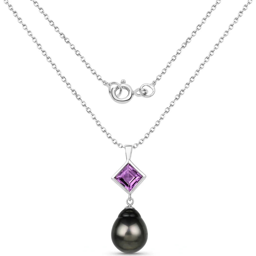 1.5 Ct Square Purple Amethyst & Tahitian Pearl Bezel Silver Drop Pendant Necklace
