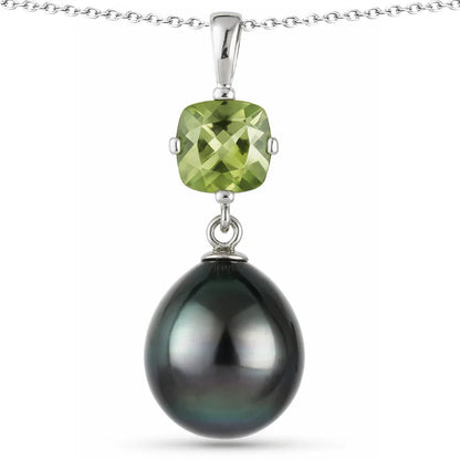 1.5 Ct Cushion Green Peridot & Tahitian Pearl Bezel Silver Pendant Necklace