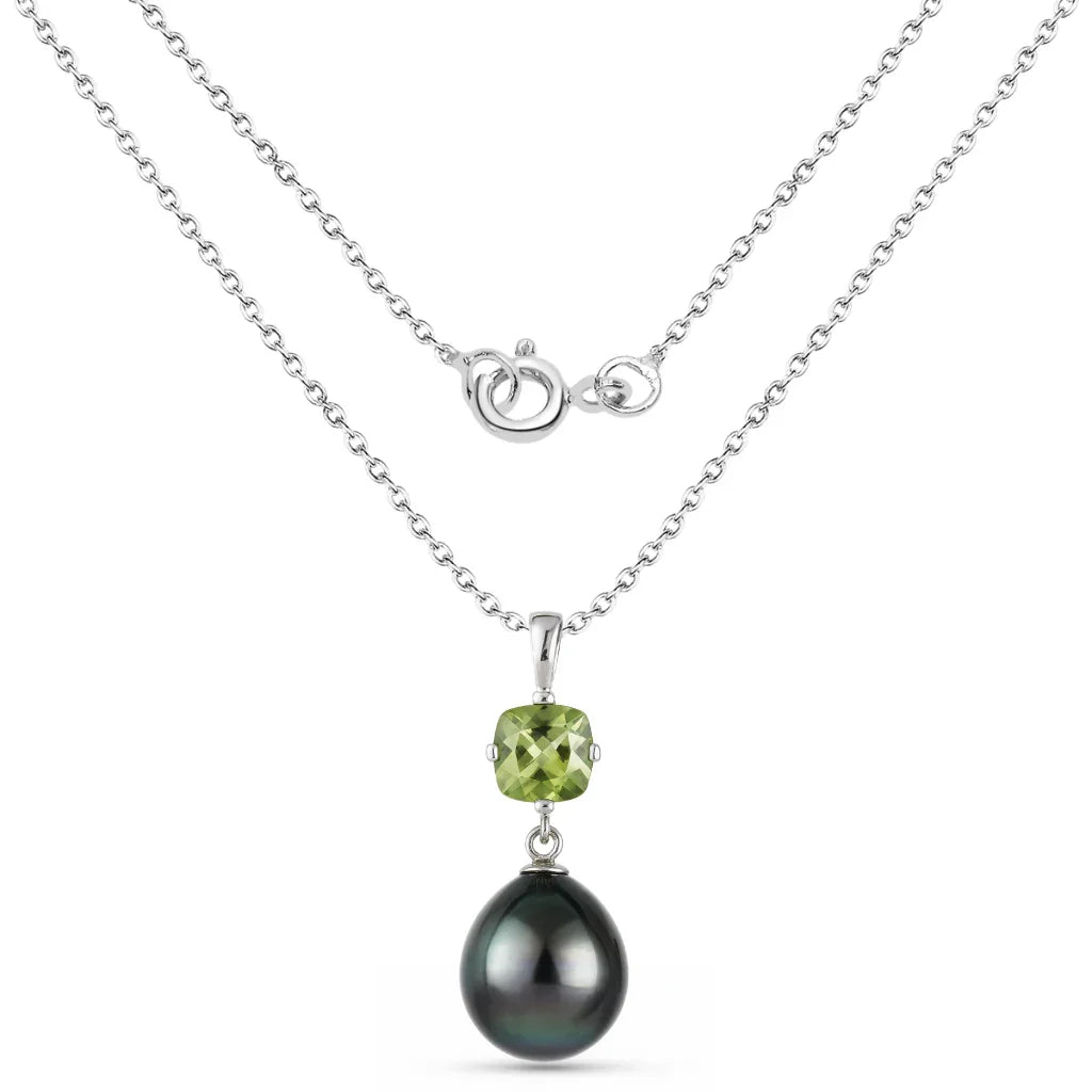 1.5 Ct Cushion Green Peridot & Tahitian Pearl Bezel Silver Pendant Necklace