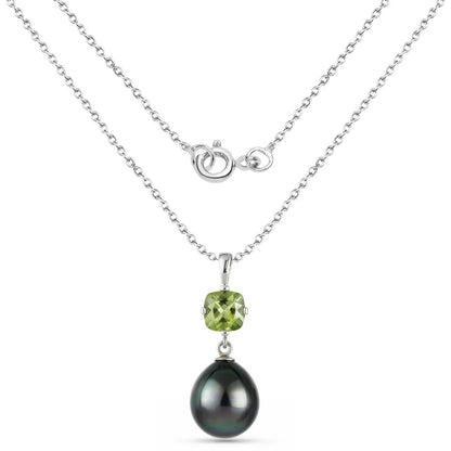 1.5 Ct Cushion Green Peridot & Tahitian Pearl Bezel Silver Pendant Necklace