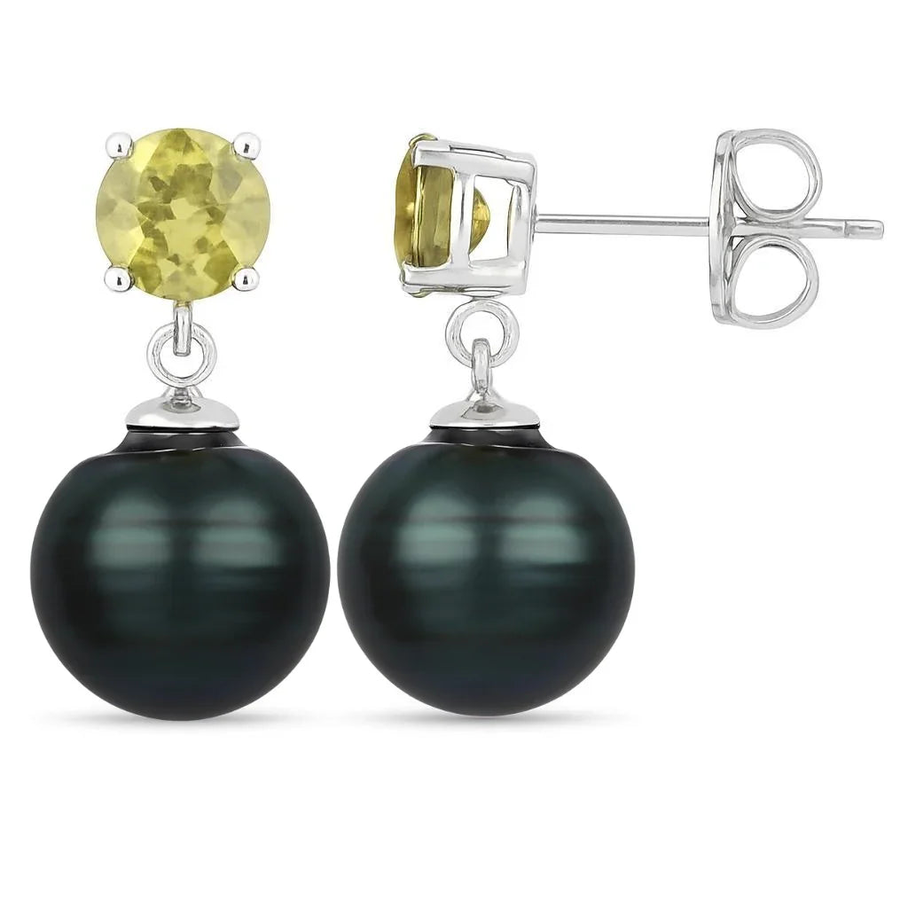 Round Black Tahitian Pearl Prong Rhodium Plated Silver Drop Dangle Earrings