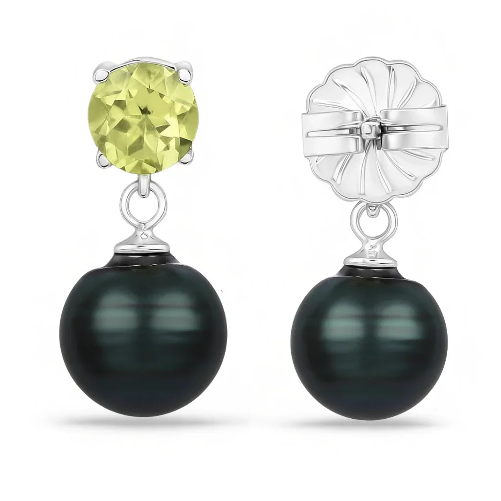 Round Black Tahitian Pearl Prong Rhodium Plated Silver Drop Dangle Earrings