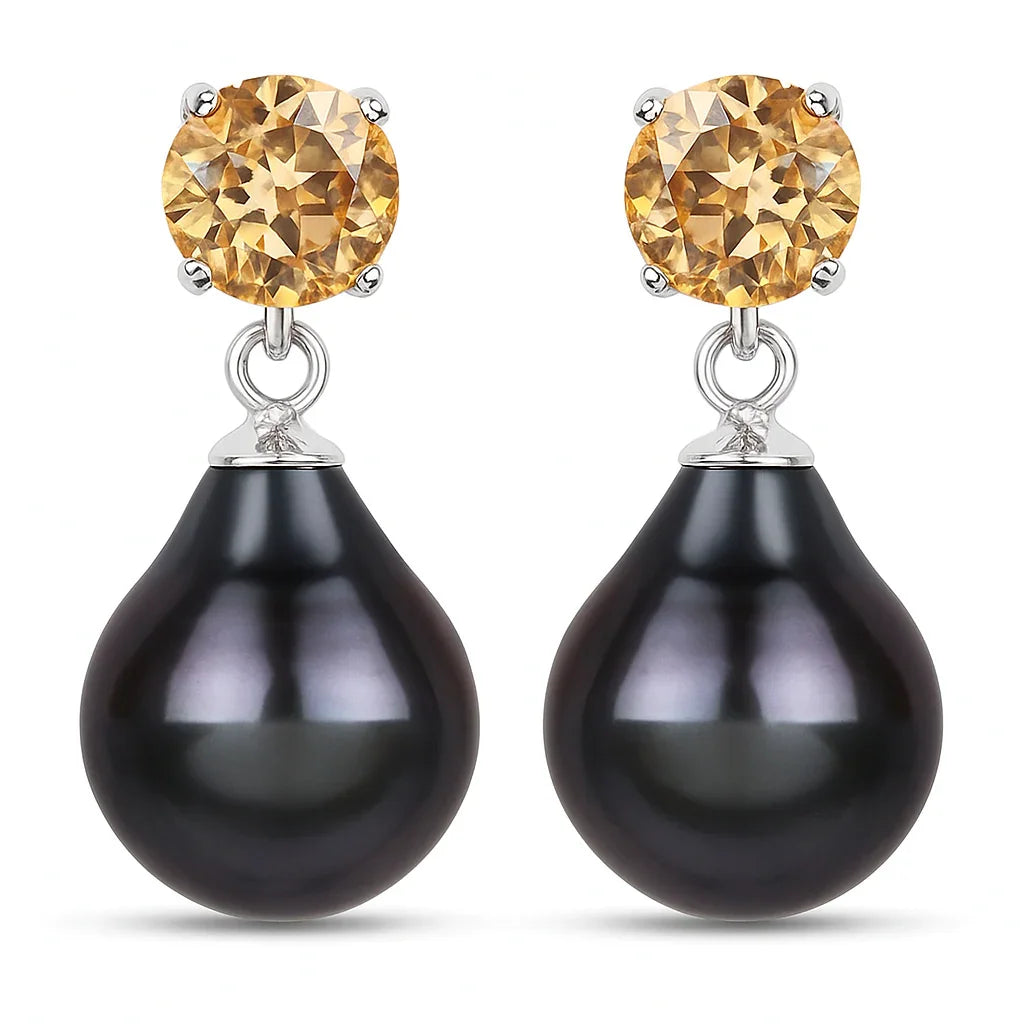 Pear Black Tahitian Pearl Prong Rhodium Plated Silver Teardrop Dangle Earrings
