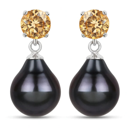 Pear Black Tahitian Pearl Prong Rhodium Plated Silver Teardrop Dangle Earrings