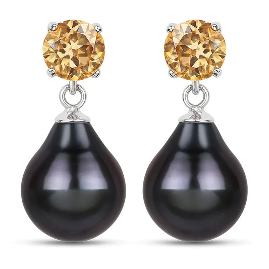 Pear Black Tahitian Pearl Prong Rhodium Plated Silver Teardrop Dangle Earrings