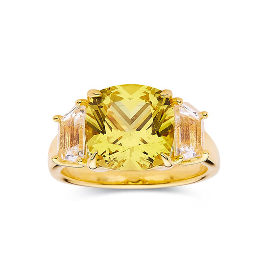 4.00 Ct Cushion Yellow Sapphire Prong 18k Yellow Gold Over Silver Three Stone Statement Ring