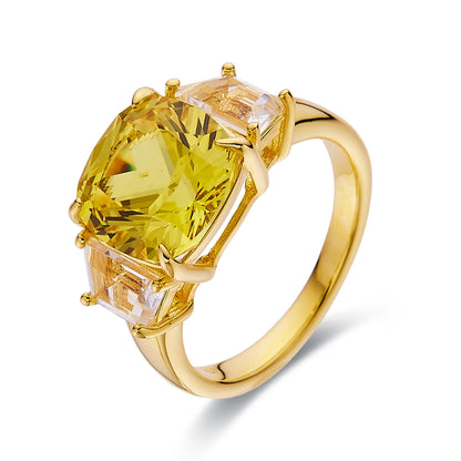 4.00 Ct Cushion Yellow Sapphire Prong 18k Yellow Gold Over Silver Three Stone Statement Ring