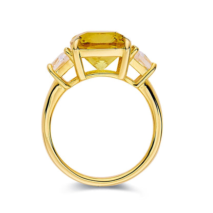 4.00 Ct Cushion Yellow Sapphire Prong 18k Yellow Gold Over Silver Three Stone Statement Ring