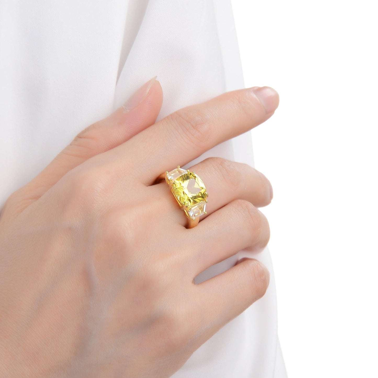 4.00 Ct Cushion Yellow Sapphire Prong 18k Yellow Gold Over Silver Three Stone Statement Ring