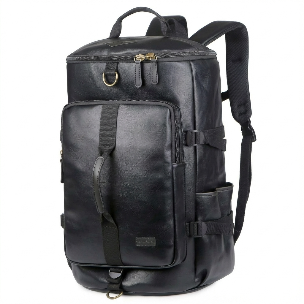 Black leather backpack with multiple compartments on a white background