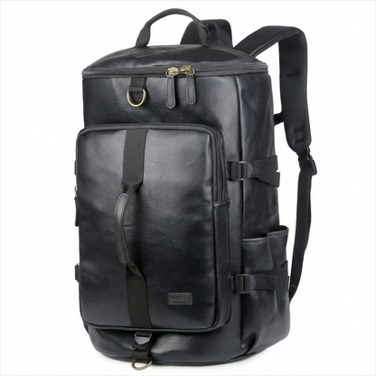 Black leather backpack with multiple compartments on a white background