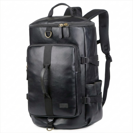 Black leather backpack with multiple compartments on a white background