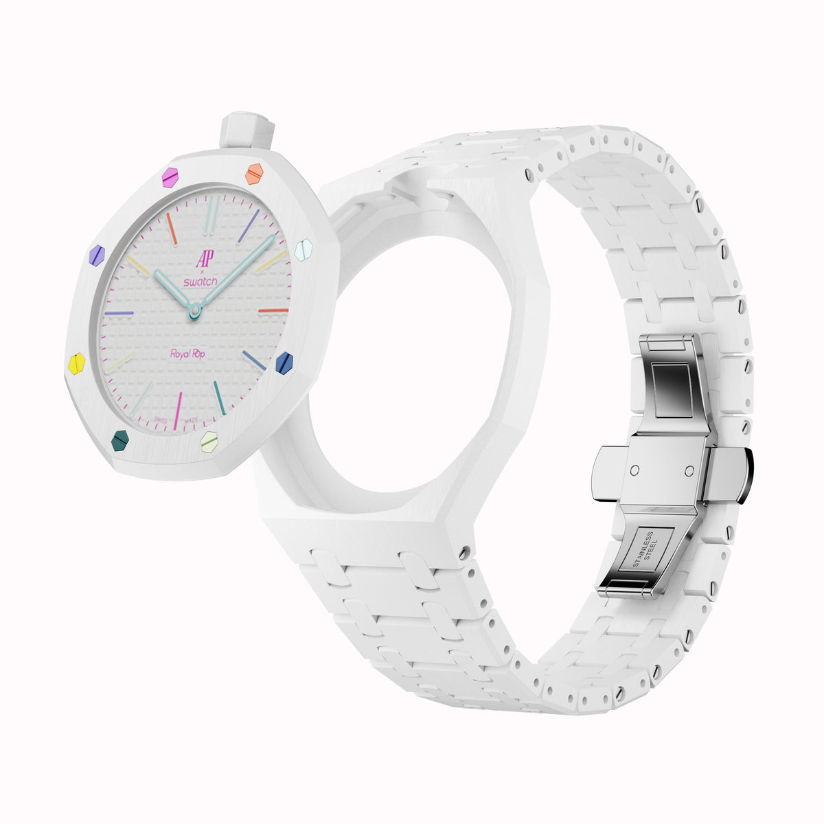 AP x Swatch Royal Pop Integrated Link Bracelet Band – Arctic White – Vertical Crown Edition | Waloo Watch Bands