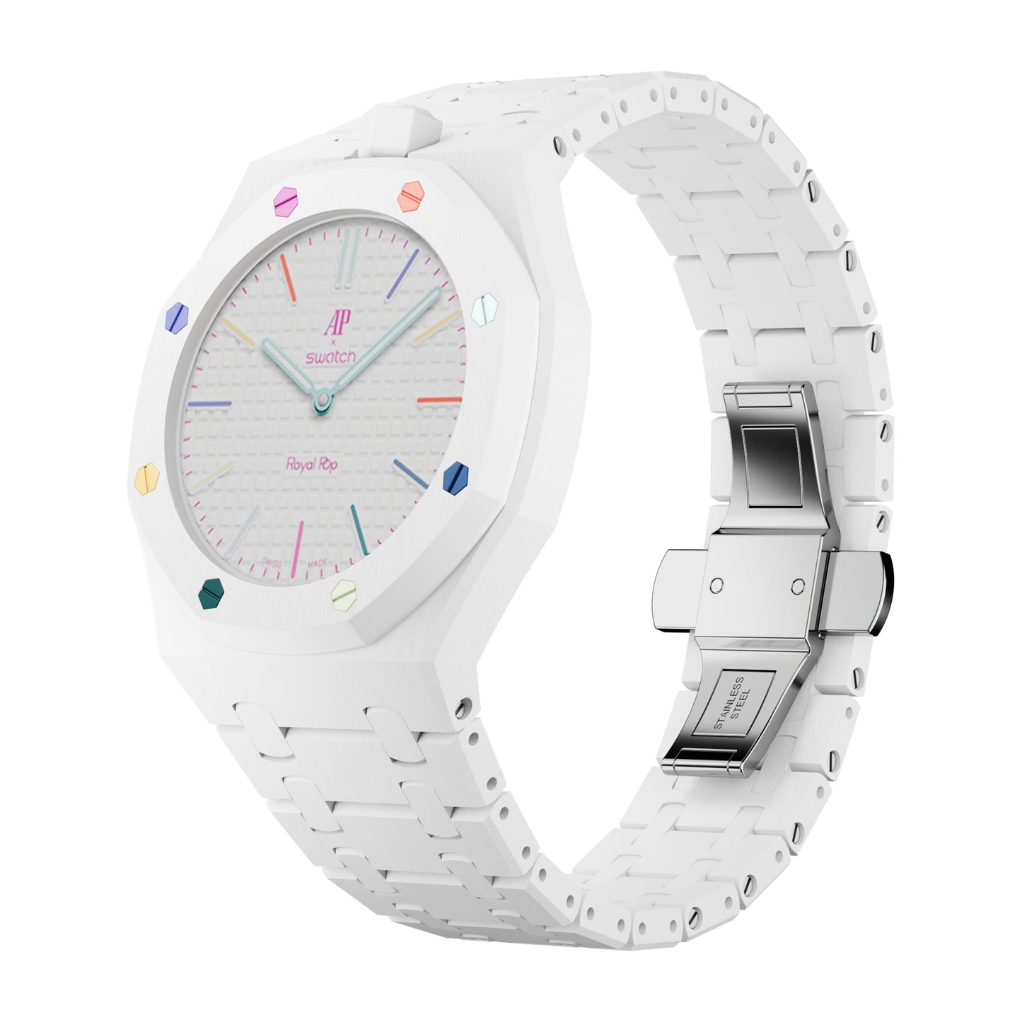 AP x Swatch Royal Pop Integrated Link Bracelet Band – Arctic White – Vertical Crown Edition | Waloo Watch Bands