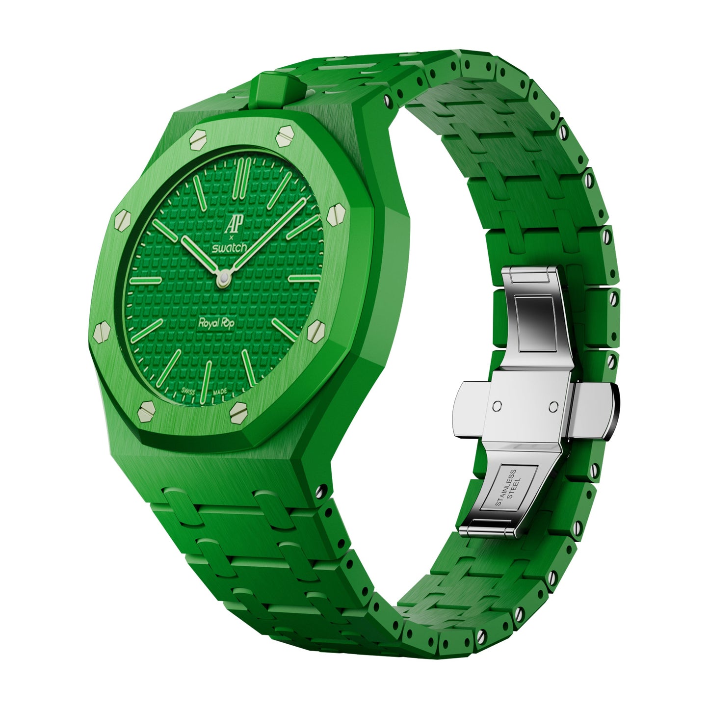 AP x Swatch Royal Pop Integrated Link Bracelet Band – Emerald Green – Vertical Crown Edition | Waloo Watch Bands