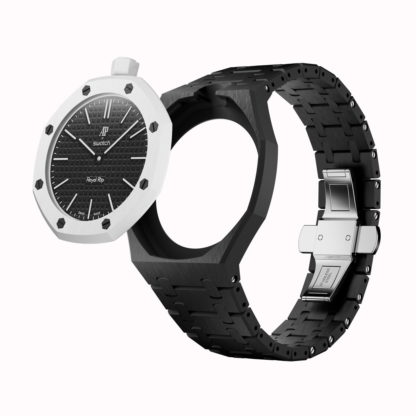 AP x Swatch Royal Pop Integrated Link Bracelet Band – Midnight Black – Vertical Crown Edition | Waloo Watch Bands