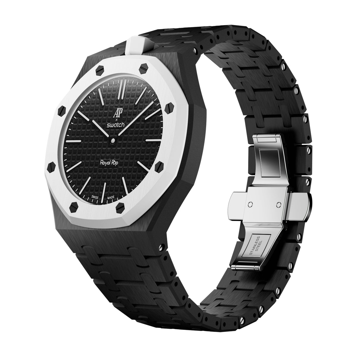 AP x Swatch Royal Pop Integrated Link Bracelet Band – Midnight Black – Vertical Crown Edition | Waloo Watch Bands