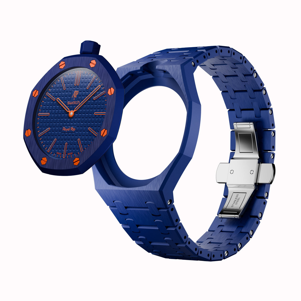 AP x Swatch Royal Pop Integrated Link Bracelet Band – Ocean Navy – Vertical Crown Edition | Waloo Watch Bands