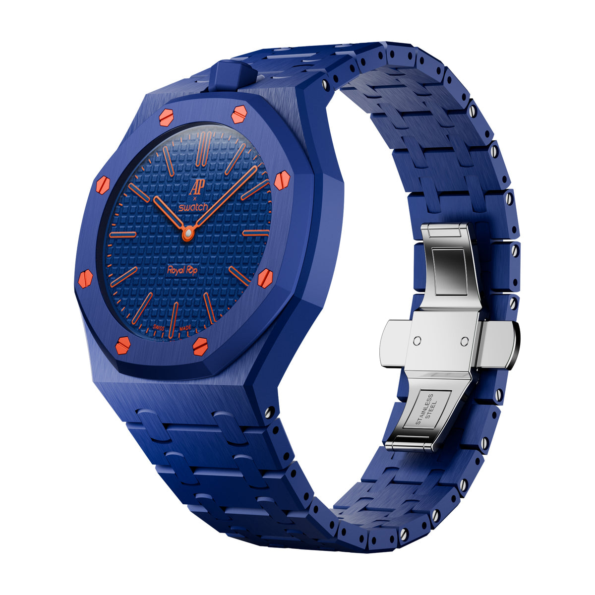 AP x Swatch Royal Pop Integrated Link Bracelet Band – Ocean Navy – Vertical Crown Edition | Waloo Watch Bands