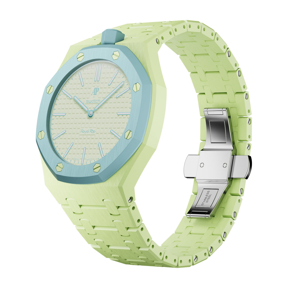 AP x Swatch Royal Pop Integrated Link Bracelet Band – Pistachio Mint – Vertical Crown Edition | Waloo Watch Bands