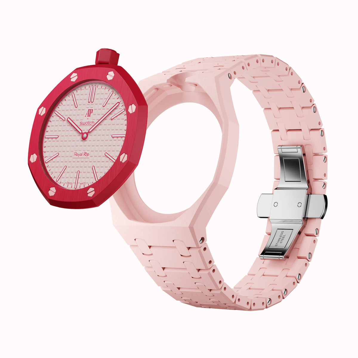 AP x Swatch Royal Pop Integrated Link Bracelet Band – Rosé Pink – Vertical Crown Edition | Waloo Watch Bands