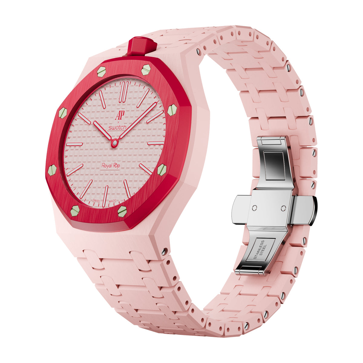 AP x Swatch Royal Pop Integrated Link Bracelet Band – Rosé Pink – Vertical Crown Edition | Waloo Watch Bands